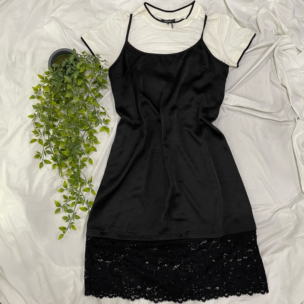 DKNY Black & White 2in1 Lace Cami Overlay Maxi Dress with T-Shirt Size XL
